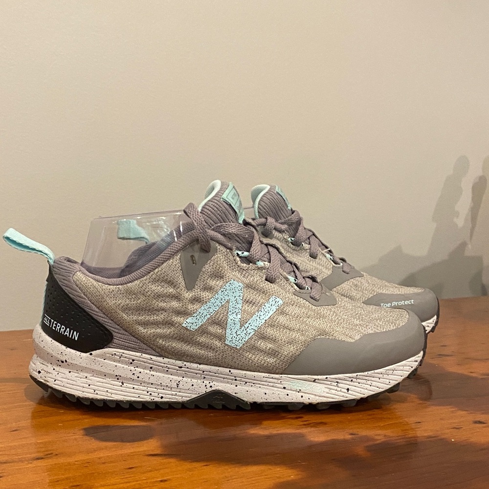 Womens New Balance NITREL v3 trail shoes grey with mint green colorway athletic